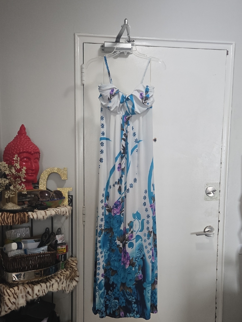 White & Blue Floral Maxi Dress with Spaghetti Straps